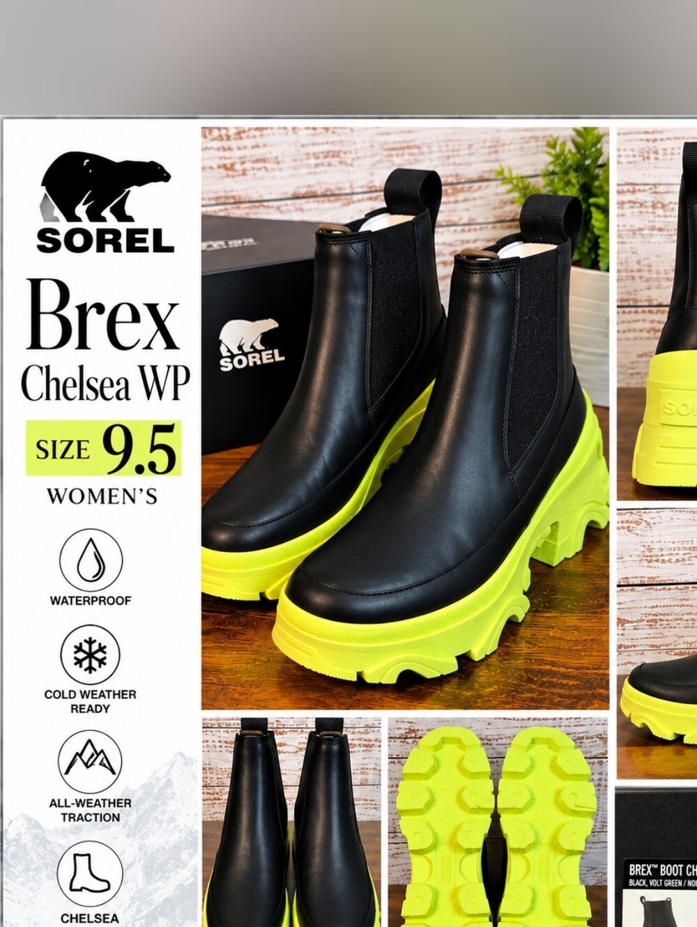 SOREL Brex Chelsea WP Waterproof Platform Boots Black Volt Green Size 9.5 NIB
